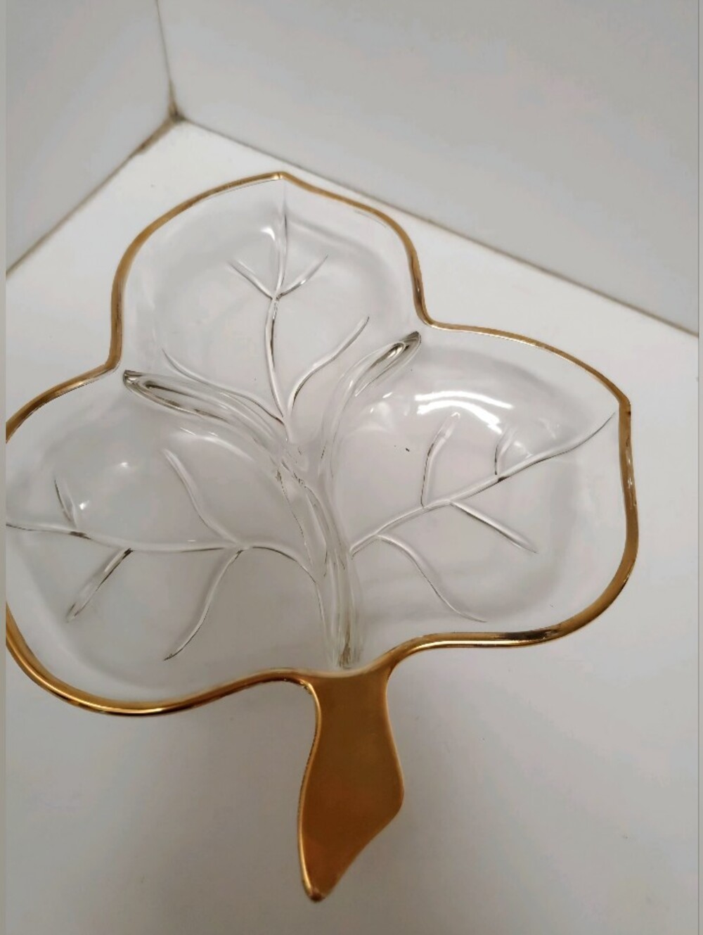 Vintage Hazel Atlas Pressed Glass 3 Leaf Gilded Candy/ Tidbit Bowl